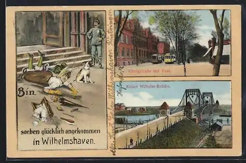 AK Wilhelmshaven, Königstrasse mit Post und Strassenbahn, Kaiser Wilhelm-Brücke