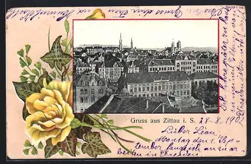 AK Zittau i. S., Blick über die Dächer der Innenstadt, Blumen-Passepartout