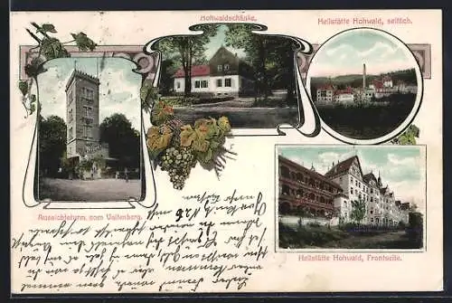 AK Hohwald, Front- und Seitenansicht der Heilstätte, Gasthaus Hohwaldschänke, Aussichtsturm vom Valtenberg