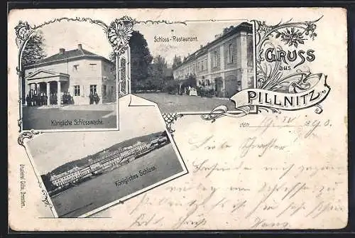 AK Dresden-Pillnitz, Das Königliche Schloss mit Schlosswache und Restaurant