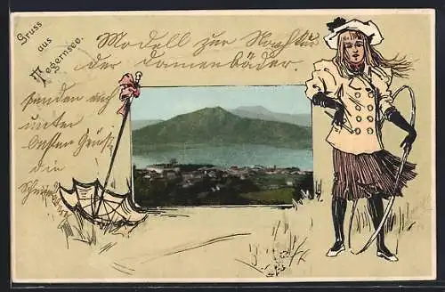 Präge-AK Tegernsee, Blick auf den See, Passepartout mit Mädchen mit Reifen