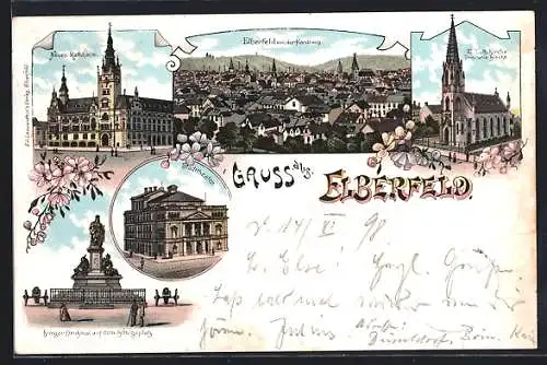 Lithographie Elberfeld, Neues Rathaus, Kriegerdenkmal, Stadttheater
