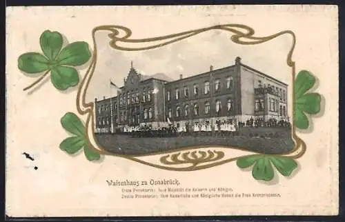 Präge-AK Osnabrück, Waisenhaus mit Kindern und Personal, Kleeblatt-Passepartout