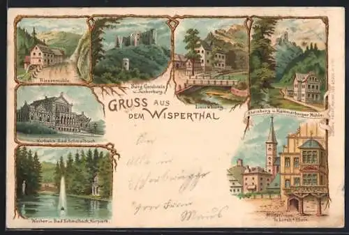 Lithographie Bad Schwalbach, Kurhaus, Riesenmühle, Lauxburg, Burg Gerolstein