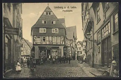 AK Limburg a. d. Lahn, Fischmarkt mit Blumengeschäft der Geschw. Schäfer