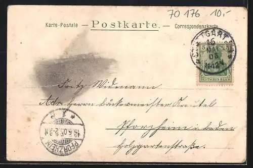 Grusskarten-AK Stuttgart, Graf Eberhardgruppe, Ansicht auf Malerpalette mit Engel