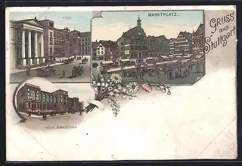 Lithographie Stuttgart, Marktplatz mit Rathaus, Die Post, Die neue Bibliothek