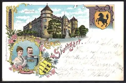 Lithographie Stuttgart, Strassenpartie am alten Schloss, Wappen