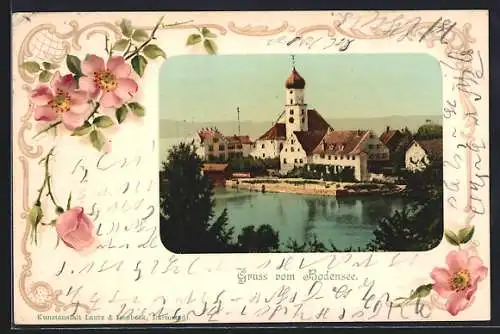 AK Wasserburg /Bodensee, Am Schloss, Blumen, Passepartout