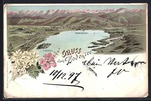 Lithographie Lindau /Bodensee, Panorama mit Bregenz, Hard und Rhein