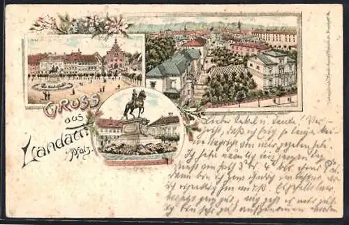Lithographie Landau i. Pfalz, Max-Josefs Platz, Luitpoldbrunnen, Ortspartie aus der Vogelschau