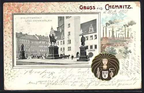Lithographie Chemnitz, Hauptmarkt und Denkmäler, Fabrik, Wappen, Passepartout