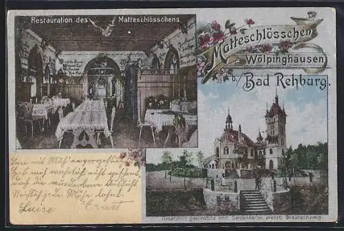 Seiden-Imitations-AK Bad Rehburg, Wölpinghausen, Restaurant Matteschlösschen, Innenansicht