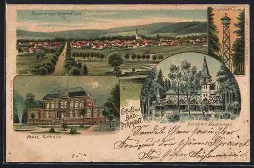 Lithographie Bad-Pyrmont, Bergbahn-Restaurant, Neues Kurhaus, Spelunkenturm