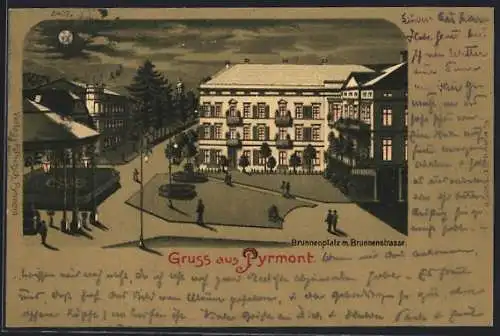 Mondschein-Lithographie Pyrmont, Brunnenplatz mit Brunnenstrasse