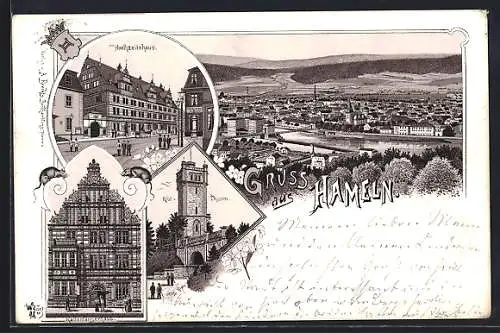 Vorläufer-Lithographie Hameln, 1894, Hochzeitshaus, Rattenfängerhaus, Turm