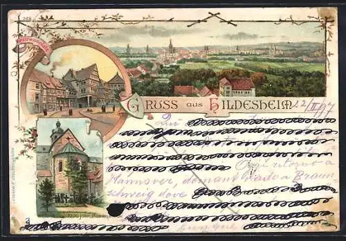 Lithographie Hildesheim, Teilansicht, Andreasplatz, 1000 jähriger Rosenstock
