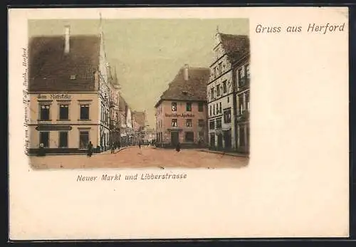 AK Herford, Neuer Markt und Libberstrasse mit Gasthaus Zum Ratskeller und Neustädter-Apotheke
