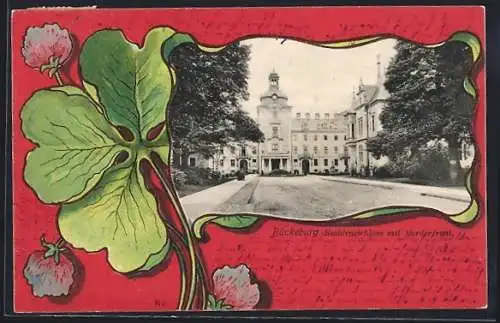 Lithographie Bückeburg, Residenzschloss mit Vorderfront, Kleeblatt, Passepartout