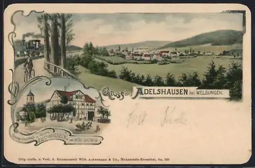 Lithographie Adelshausen bei Melsungen, Gasthaus zum Ludwigseck, Teilansicht mit Radfahrer