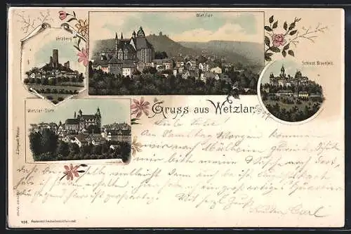 Lithographie Wetzlar, Vetzberg, Schloss Braunfels, Dom, Ortsansicht