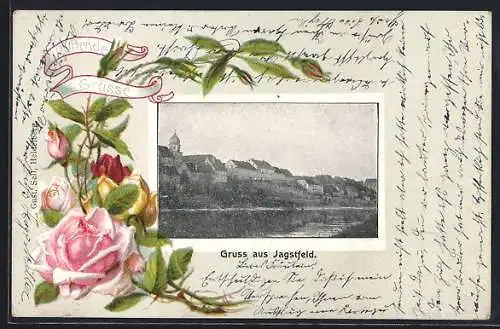 AK Jagstfeld, Teilansicht, Rosen, Passepartout