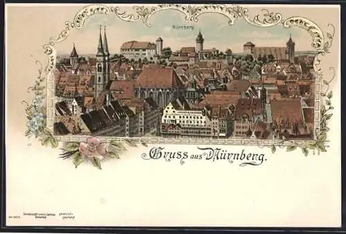 Lithographie Nürnberg, Teilansicht mit Kirche