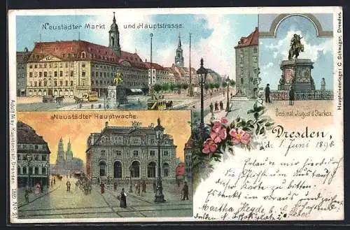 Lithographie Dresden-Neustadt, Neustädter Hauptwache am frühen Abend, Neustädter Markt mit Hauptstrasse