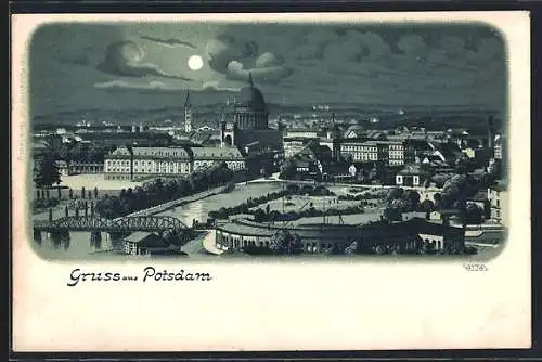 Lithographie Potsdam, Ortsansicht mit Parkanlage und Rundbau