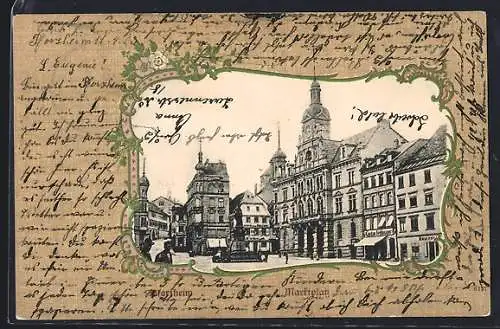 Lithographie Pforzheim, Marktplatz, Strassenpartie mit Geschäften und Denkmal, Passepartout
