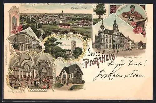 Lithographie Pforzheim, Gasthaus Schützenhaus, Rathaus, Innenansicht