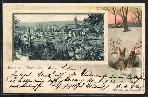 Lithographie Pforzheim, Teilansicht, Hasen in Winterlandschaft, Passepartout