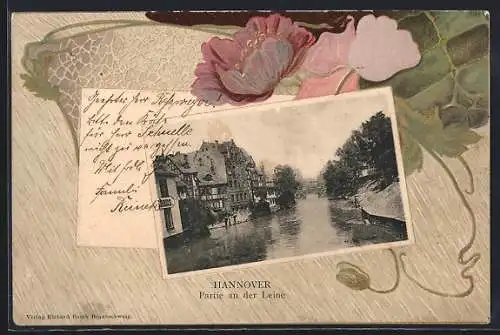 Lithographie Hannover, Partie an der Leine, Blume, Passepartout