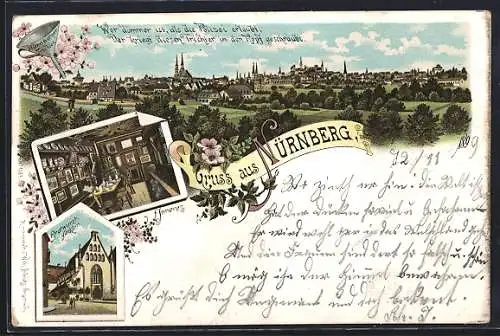 Lithographie Nürnberg, Gasthaus Bratwurstglöcklein, Innenansicht, Teilansicht
