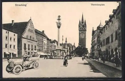 AK Straubing, Theresienplatz mit Stadttheater und Denkmal