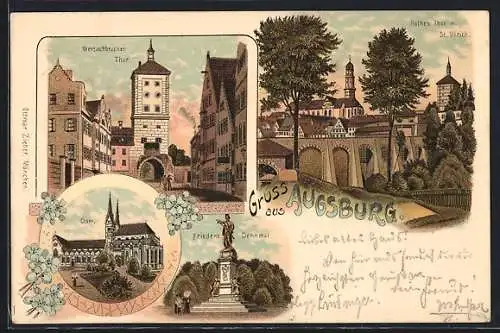 Lithographie Augsburg, Dom, Friedensdenkmal, Wertachbrucker Tor, Rothes Thor m. St. Ulrich