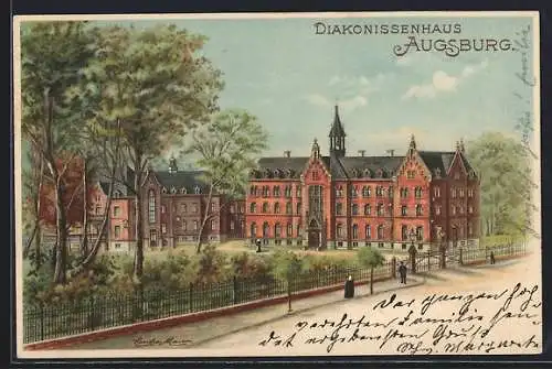Lithographie Augsburg, Diakonissenhaus mit Strassenpartie