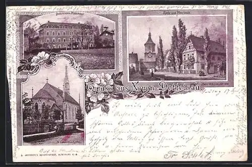 AK Neuen-Dettelsau, Kirche und Pfarrhaus, Diakonissen-Mutterhaus, St. Laurentius-Kirche