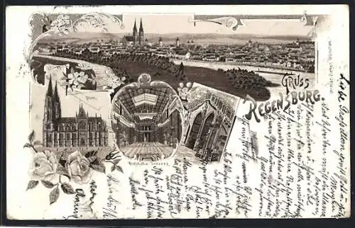 Lithographie Regensburg, Totalansicht, Dom, Dombrunnen, Wallhalla Inneres