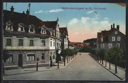 AK Schwenningen a. N., Herdstrasse mit Weinstube und Café Reinhard Schlenker
