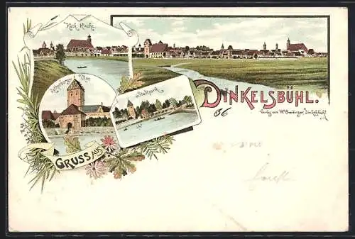 Lithographie Dinkelsbühl, Rothenburger Tor, Stadtpark, Kath. Kirche