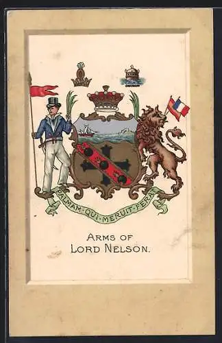 AK Arms of Lord Nelson, Wappen mit Mann und Löwe