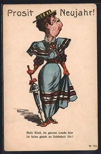 Künstler-AK Mein Kind, im ganzen Lande hier ist keine gleich an Schönheit Dir!, Frau in blauem Kleid mit Hut