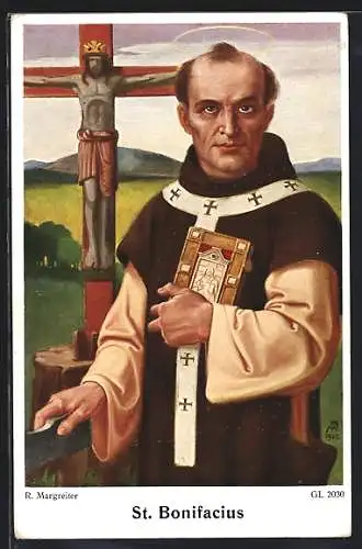Künstler-AK St. Bonifacius mit Bibel und Heiligenschein
