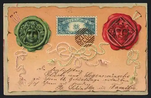 Präge-AK Briefmarke mit zwei Siegeln