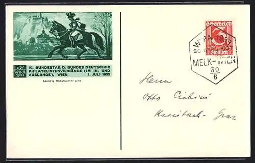 Künstler-AK Wien, 10. Bundestag d. Bundes Deutscher Philatelistenverbände 1933, Briefträger zu Pferd