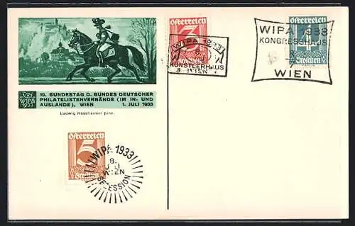 Künstler-AK Wien, 10. Bundestag d. Bundes Deutscher Philatelistenverbände 1933, Reiter und Pferd