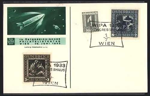 Künstler-AK Wien, 12. Österreichischer Philatelistentag 1933, Rakete im Weltraum