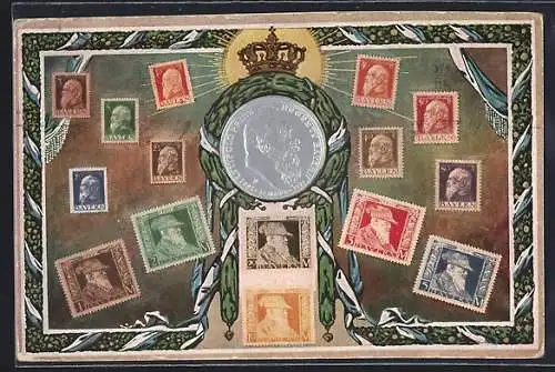 Künstler-AK Briefmarken mit Porträt von Prinzregent Luitpold
