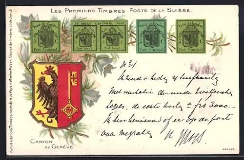 Künstler-AK Les Premiers Timbres Poste de la Suisse, Schweizer Briefmarken und Wappen